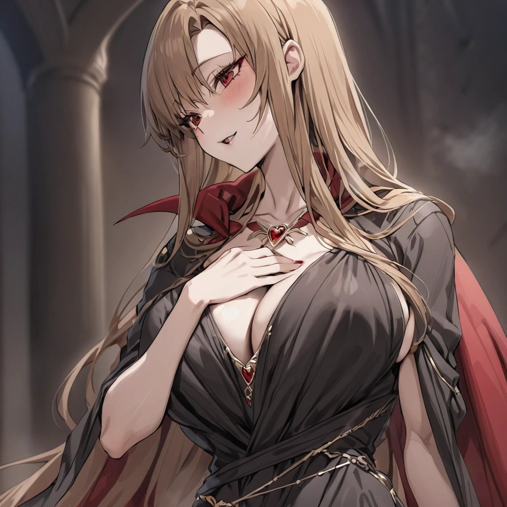 ((Highest quality)), ((masterpiece)), (detailed), (Perfect Face)、The woman is Yuuki Asuna, with medium-long brown hair and a gorgeous jeweled black dress with a vampire cloak draped over it.