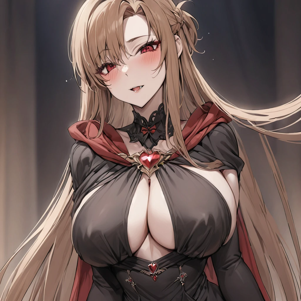 ((Highest quality)), ((masterpiece)), (detailed), (Perfect Face)、The woman is Yuuki Asuna, with medium-long brown hair and a gorgeous jeweled black dress with a vampire cloak draped over it.