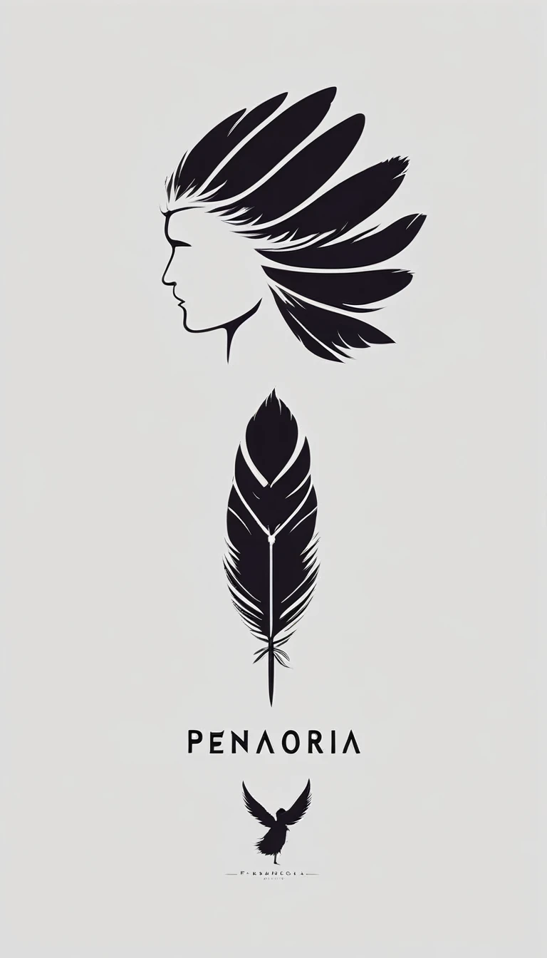 A minimal, modern, simple, cinematic logo design e of a boy with a head full of feathers for the brand “Penamemoria" .