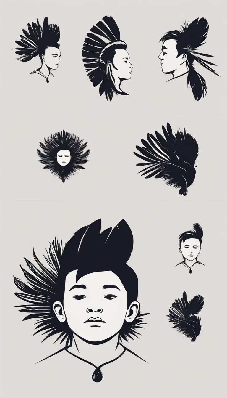 A minimal, modern, simple, cinematic logo design e of a boy with a head full of feathers for the brand “Penamemoria" .
