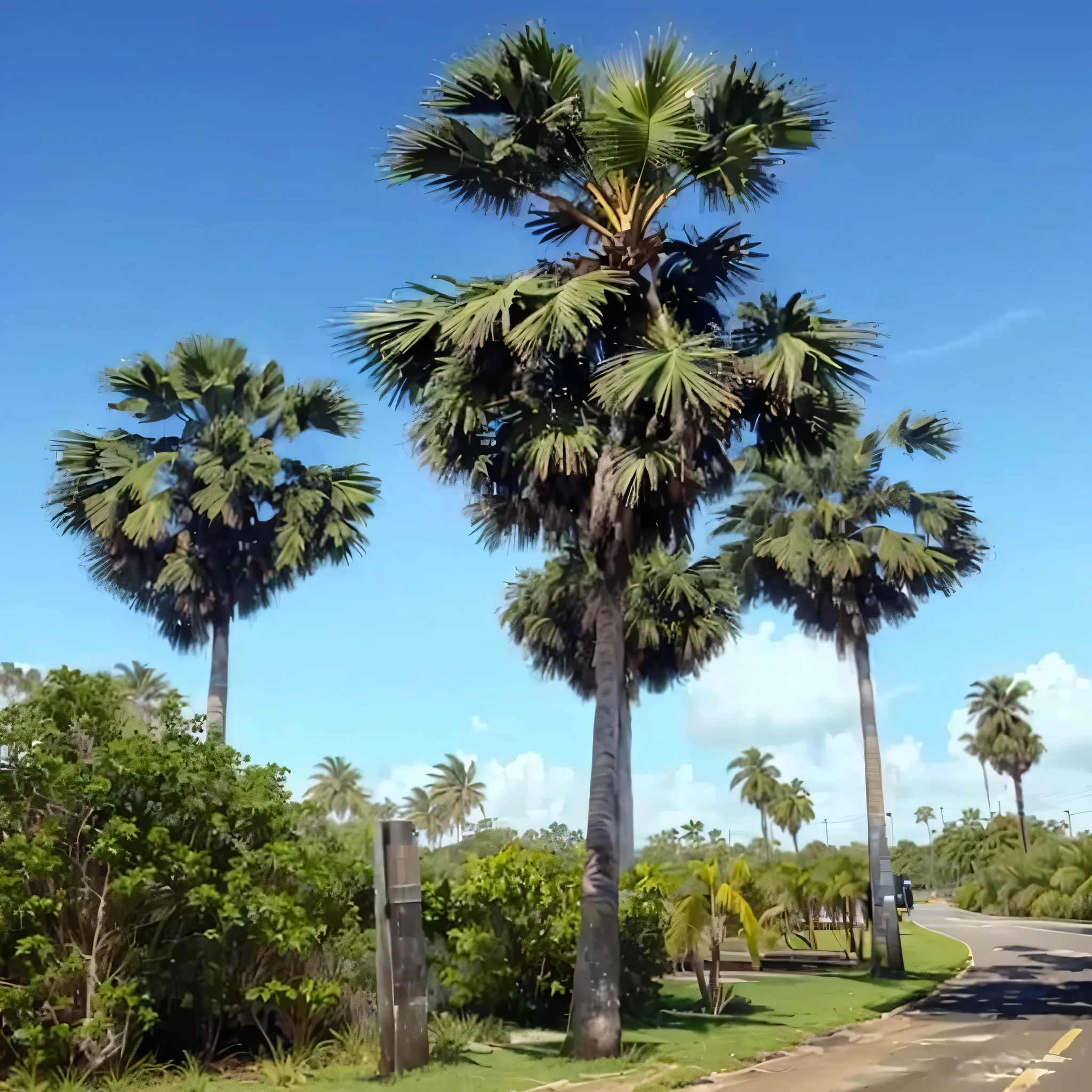 there are many palm trees that are growing on the side of the road, tree palms in background, cabbage trees, the palms come from the ground, tropical trees, tawa trees, exotic trees, coconut palms, palmtrees, coconut trees, a palm tree, dried palmtrees, tropical palms, palms, blessing palms, palm trees in the background, palm trees