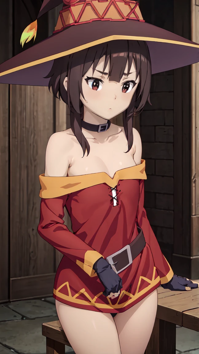 Artgerm, table, Best quality, extremely detailed, table, Best quality, Megumin, 1 girl in, bare shoulders, nude, Sex pose, elastic , beautiful buttocks, стоит опершись о table, nude, very sexy, Black e.g, black gloves, black hair, e.g, necklace, clavicle, dress, hair between eyes, It has, long sleeves, I look at the viewer, Medium hair, off shoulder dress, off the shoulders, Red dress, Red eyes, side locks, One, witch hat, in room