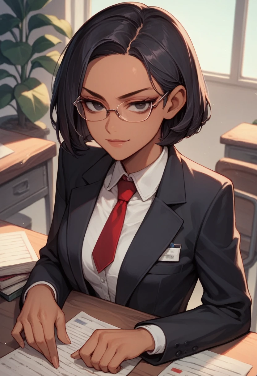 female, glasses, serious, impeccable black business suit, report, elegant hall, politician, smug expression, short black hair, tan skin, black eyes, grey hairs, red necktie, solo, huge wooden desk