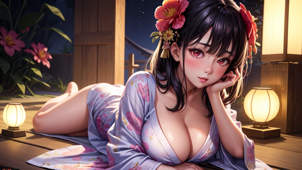 realistic, 1girl, full body, glowing eyes, unbuttoned flower yukata, parted lips, big , blush, night, flowers, moonlight, hyper-detailed, high quality, 8k, photorealistic, professional digital painting, dramatic lighting, vibrant colors, intricate details, beautiful face, naughty pose, serene atmosphere, natural environment, ethereal, dreamy
