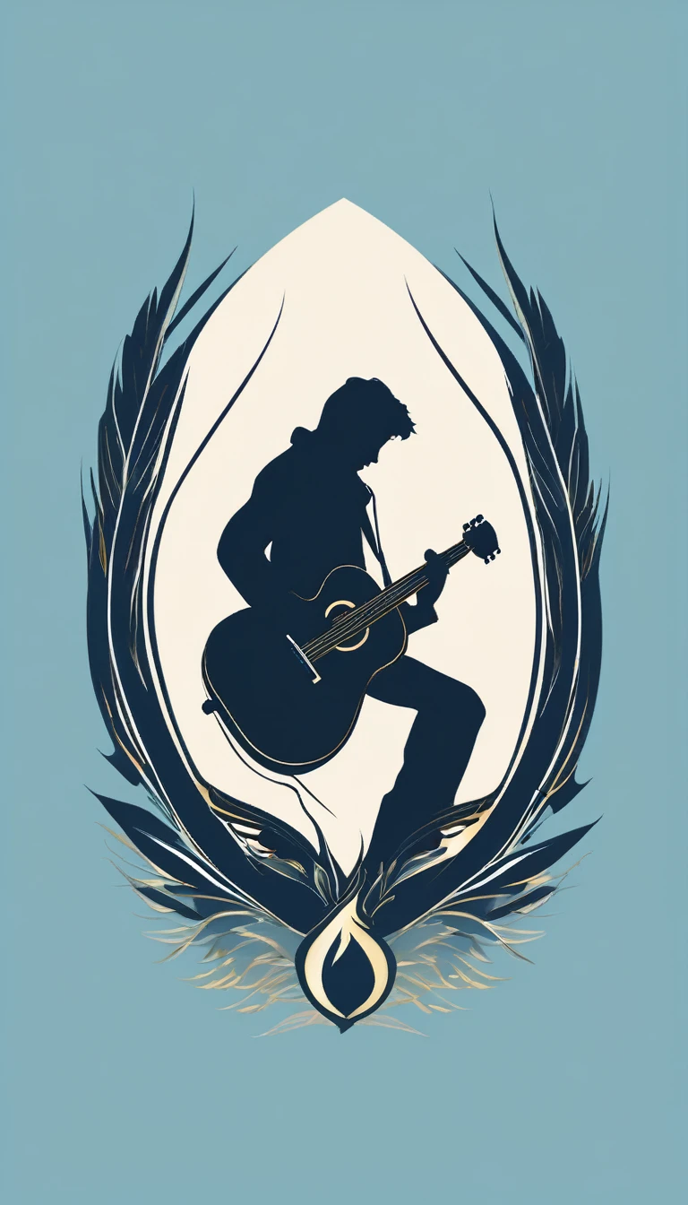 A minimal, modern, simple, cinematic logo design for the brand “Penamemoria". The logo design must be a simple, silhouette of a boy, standing up, playing acoustic guitar and fantasy feather by his side. The logo must convey a sense of music, stories, memories and dreams. Logo design impressed on a book cover. Minimalistic logo. Light blue, soft white and light golden as colors for the logo design