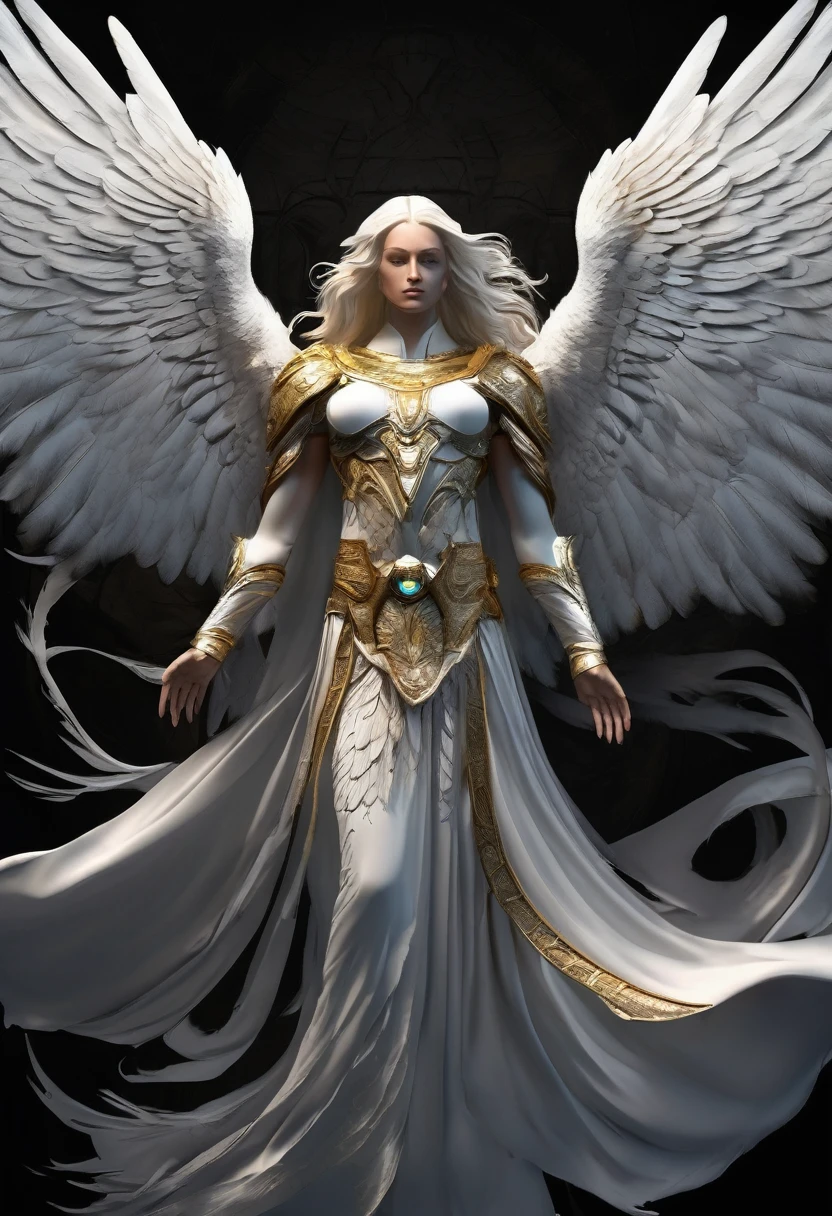 Arched over the charred battlefield of eternity, the Archangel Michael reveals his majestic figure, cloaked in porcelain-white armor pulsating with ethereal light. With complete mighty wings outstretched, his sword gleams, cleaving through the darkness as waves of malevolent creatures are torn asunder in his wake. determination fills his otherworldly eyes as he symbolizes the untiring spirit of cosmic justice, a beacon of hope for all realms. there are 3 spheres of light near the archangel. digital art, black background, realistic black wings, photorealistic wings, epic dark wings, huge powerful wings, gigantic wings, black feathered wings, massive wings, expansive wings, dramatic dark wings, dramatic black wings, detailed wings, intricate wings, impressive wings, imposing wings, majestic wings, magnificent wings, grand wings, heroic wings, powerful wings, stunning wings, breathtaking wings, awe-inspiring wings, masterfully rendered wings, best quality, 8K, highres, ultra-detailed, hyperrealistic, dramatic lighting, dark moody lighting, dark background, black background, cinematic, digital art, vector art, t-shirt art