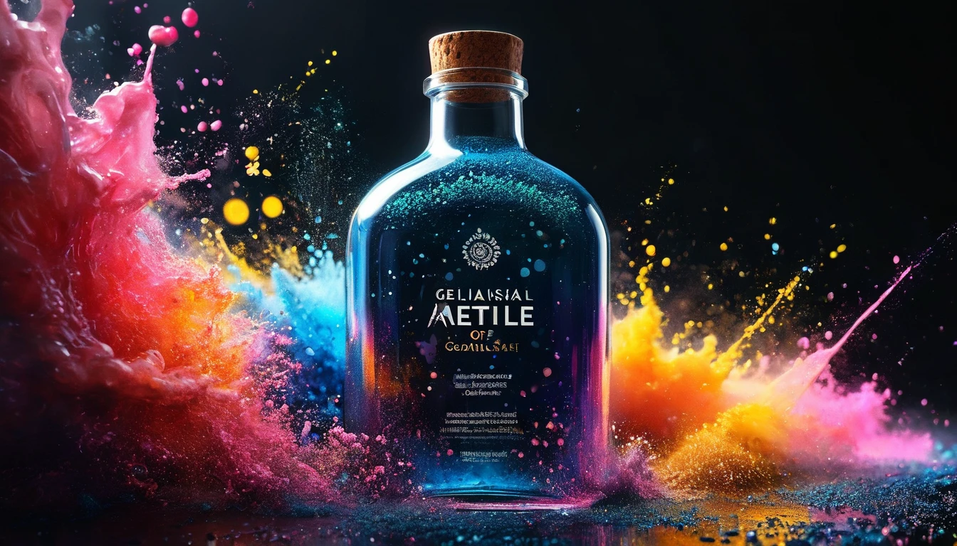 Create a stunning 3D illustration with a glass bottle at the center, surrounded by an explosive burst of fine watercolor powder. Each particle in the burst should glow with a metallic sheen. The dynamic spread of colors against a solid black backdrop should create a striking contrast, highlighting the glass bottle and emphasizing the brilliance of the metallic elements.