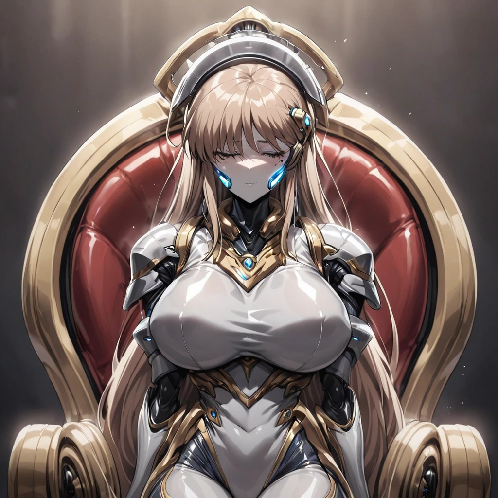 ((Highest quality)), ((masterpiece)), (detailed), (Perfect Face)、The woman is Princess Leona, with light brown, medium-long hair.々He was restrained by being made to wear a shiny body suit connected to various cords and machines, and made to sit in a mechanical chair-type brainwashing device that was bigger than his height.々They are connected to a device that has brainwashed and modified them.、The woman is being brainwashed with a blank look on her face as she is treated with a brainwashing device.