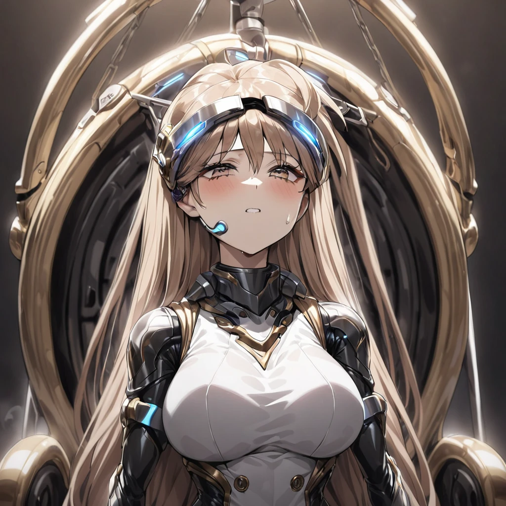 ((Highest quality)), ((masterpiece)), (detailed), (Perfect Face)、The woman is Princess Leona, with light brown, medium-long hair.々He was restrained by being made to wear a shiny body suit connected to various cords and machines, and made to sit in a mechanical chair-type brainwashing device that was bigger than his height.々They are connected to a device that has brainwashed and modified them.、The woman is being brainwashed with a blank look on her face as she is treated with a brainwashing device.