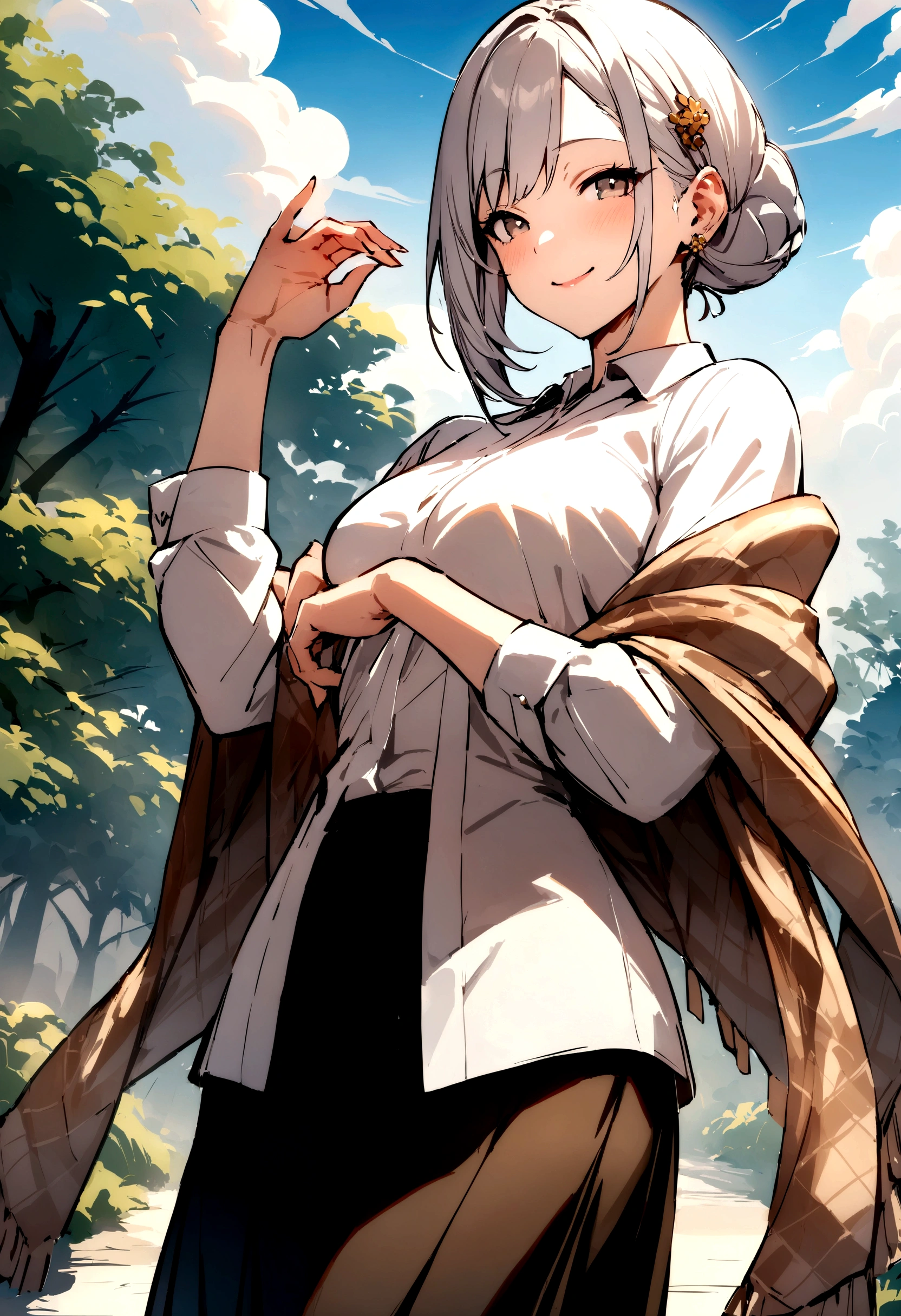 masterpiece, best quality, shawl, Hairpin,shirt,skirt, Sky, cloud, outdoor, Smile, Atmospheric perspective,Fashion pose,Mature and elegant elder sister,only one person