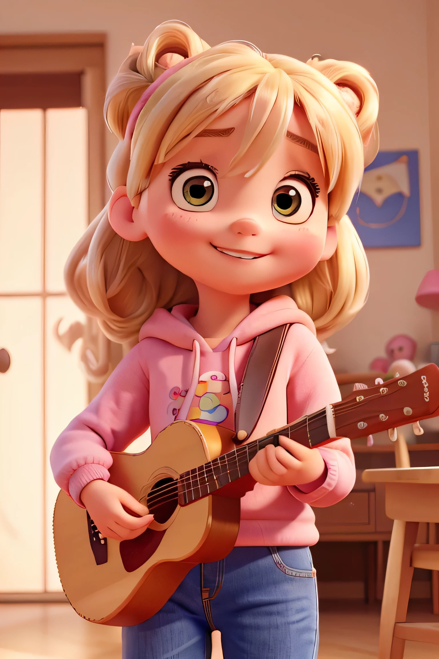 4 year old girl, big soft eyes, cute smile, blonde hair with two buns, rosy cheeks and pink sweatshirt and blue jeans, playing an acoustic guitar, full body pose
pixar style