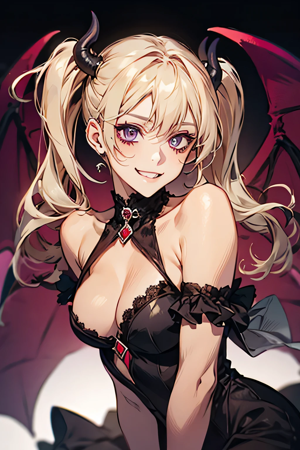 Succubus,Twin tails,Provocative smile,Blonde,Purple devil wings,One devil's tail. (The background is the night view of Las Vegas).