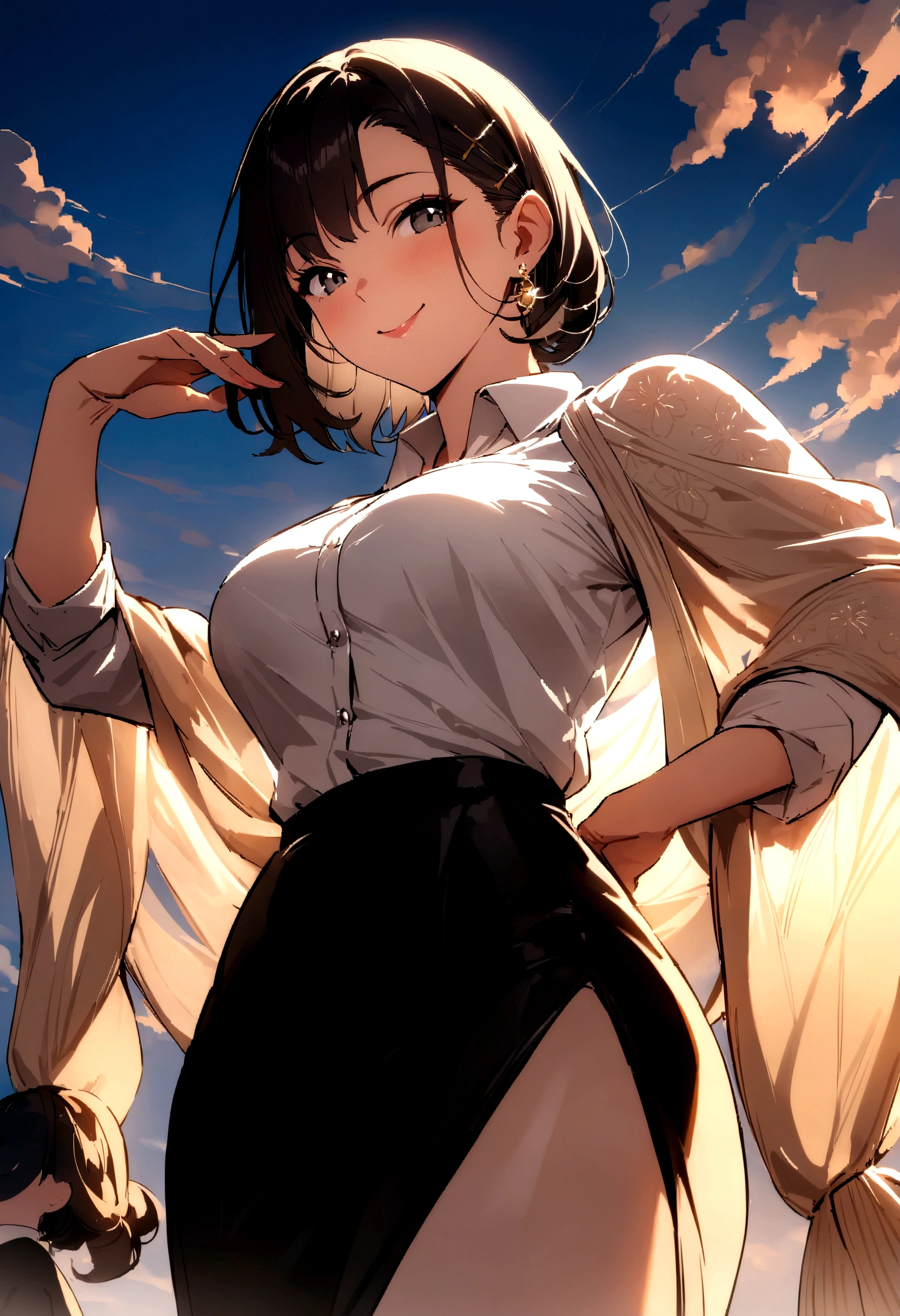 masterpiece, best quality, shawl, Hairpin,shirt,skirt, Sky, cloud, outdoor, Smile, Atmospheric perspective,Fashion pose,Mature and elegant elder sister,only one person