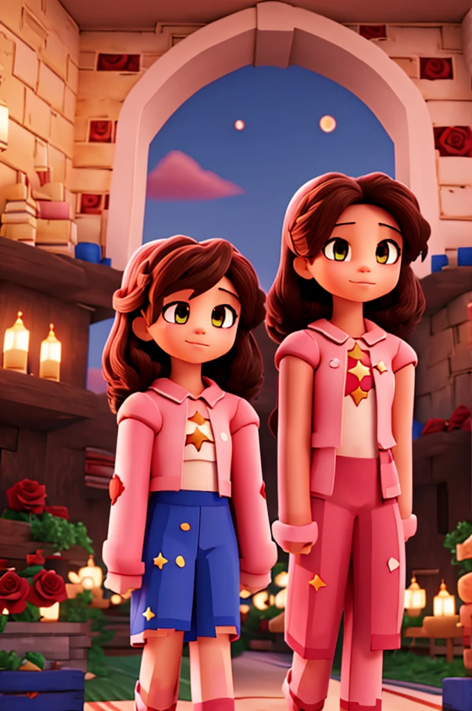 Two girls together animated , a star in the back with a sunset behind, roses around and a StarPixel Studio sign 