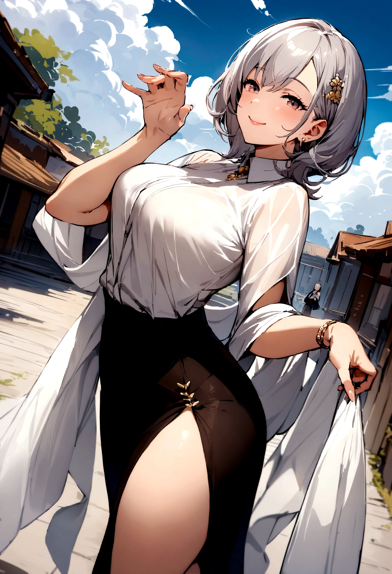 masterpiece, best quality, shawl, Hairpin,shirt,skirt, Sky, cloud, outdoor, Smile, Atmospheric perspective,Fashion pose,Mature and elegant elder sister,only one person