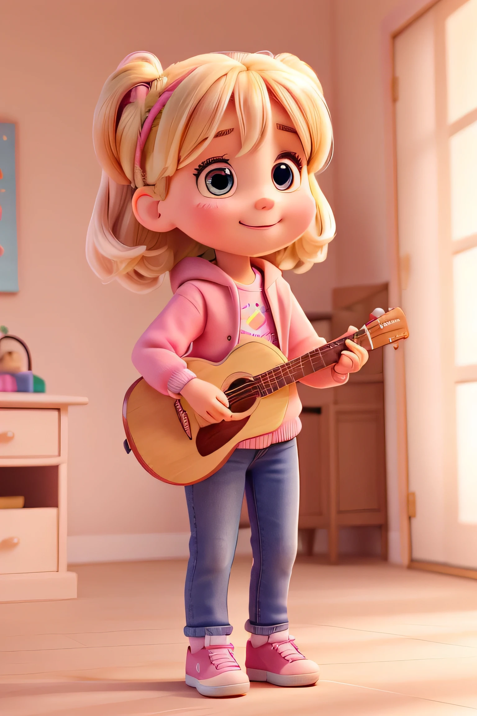 4 year old girl, big soft eyes, cute smile, blonde hair with two buns, rosy cheeks and pink sweatshirt and blue jeans, playing an acoustic guitar, full body pose
pixar style