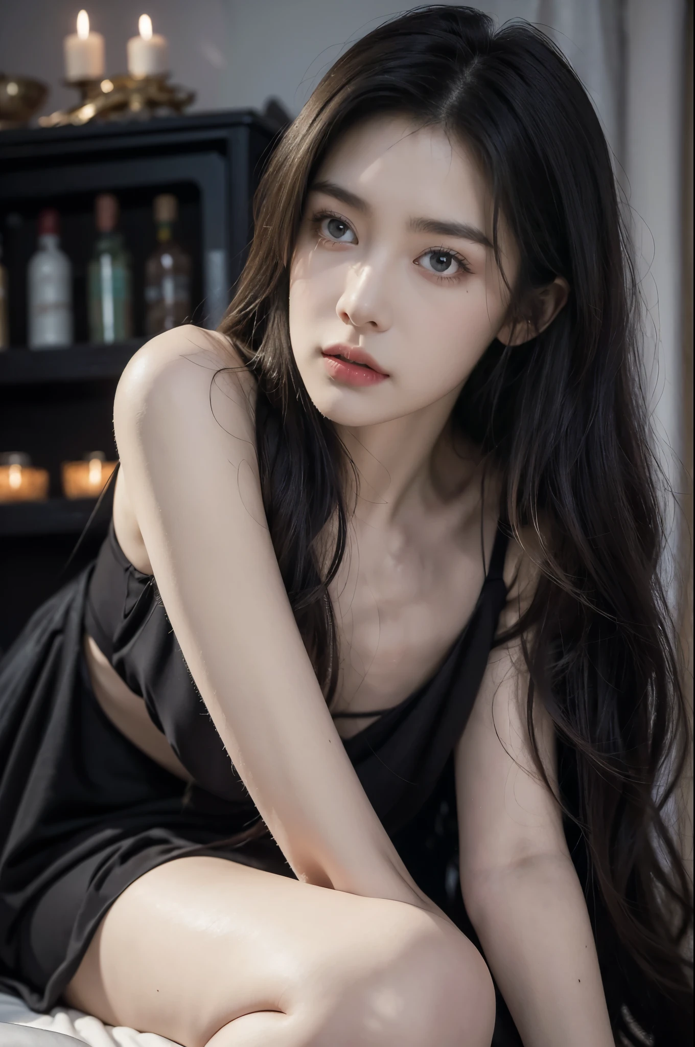 (((best quality))), (((ultra detailed))), (((masterpiece))), illustration,a beautiful girl,solo,slim,thin,messy hair,shoulder length straight bob hair,Dark Circles,Eyes bloodshot,(sad expression:1.3),flat chest,sitting on the bed,in a bedroom,halter lace nightgown, deep in thought, dimly lit room, soft glow of a digital clock, dark curtains, seclusion and introspection, disheveled hair, shadowed eyes, sleeplessness, delicate features, fragile beauty, pale skin, rouge on cheeks, heavy atmosphere, silence, soft hum of a refrigerator, woman's expression of deep contemplation, searching eyes, capturing the essence of struggle, vulnerability,(dark night scene:1.3), apart,arms behind back