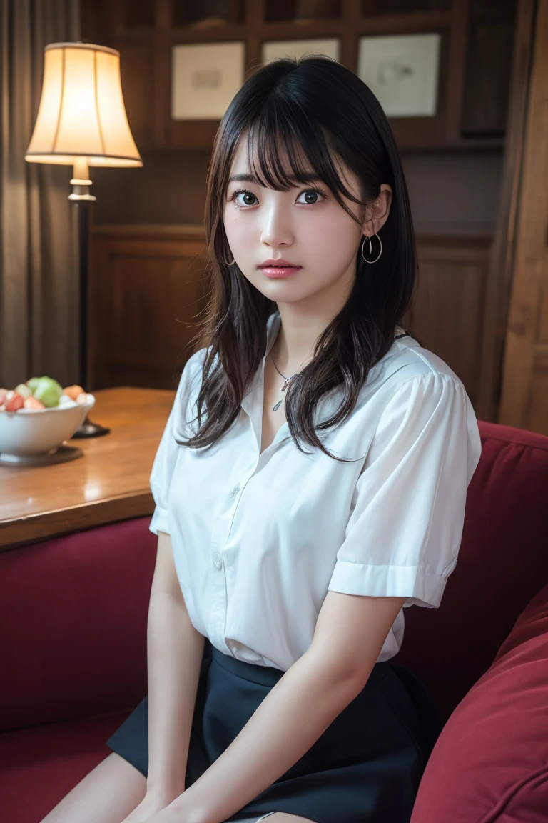 (Highest quality:1.4),(masterpiece:1.4),(Realistic:1.4),(Realistic:1.2),(超High resolution, RAW Photos:1.4),(High resolution, Ultra-detailed:1.2),(8K:1.2),View your viewers,Cinematic photography,One girl,skeletally correct,Black Hair Girl,(Small earrings,necklace,White blouse,mini skirt,View from the front),(Western-style building interior,Dimly lit room,The lamplight shines on my cheeks,Sit on the sofa)
