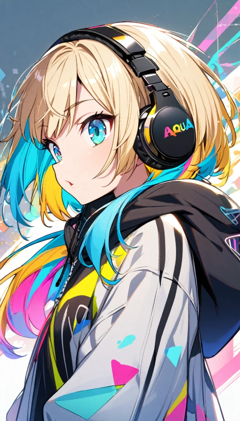 1girl, boyish, aqua eyes, blond hair, short hair, colorful inner hair, headphone, hoodie