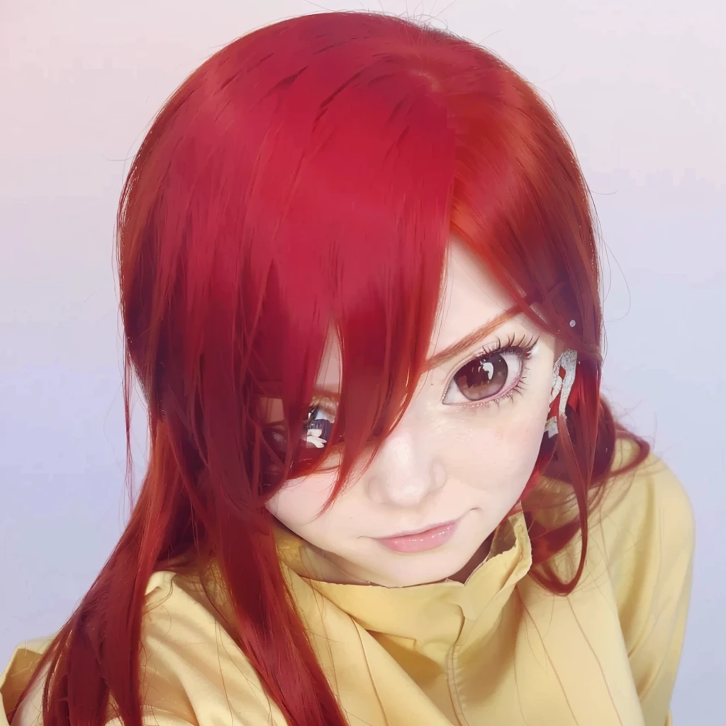 anime girl with red hair and a yellow shirt, erza scarlet as a real person, anime girl named lucy, she has red hair, anime style”, with red hair, female anime character, she has long redorange hair, sakimi chan, (anime girl), with long red hair, anime character, pretty anime girl, red hair girl, as an anime character