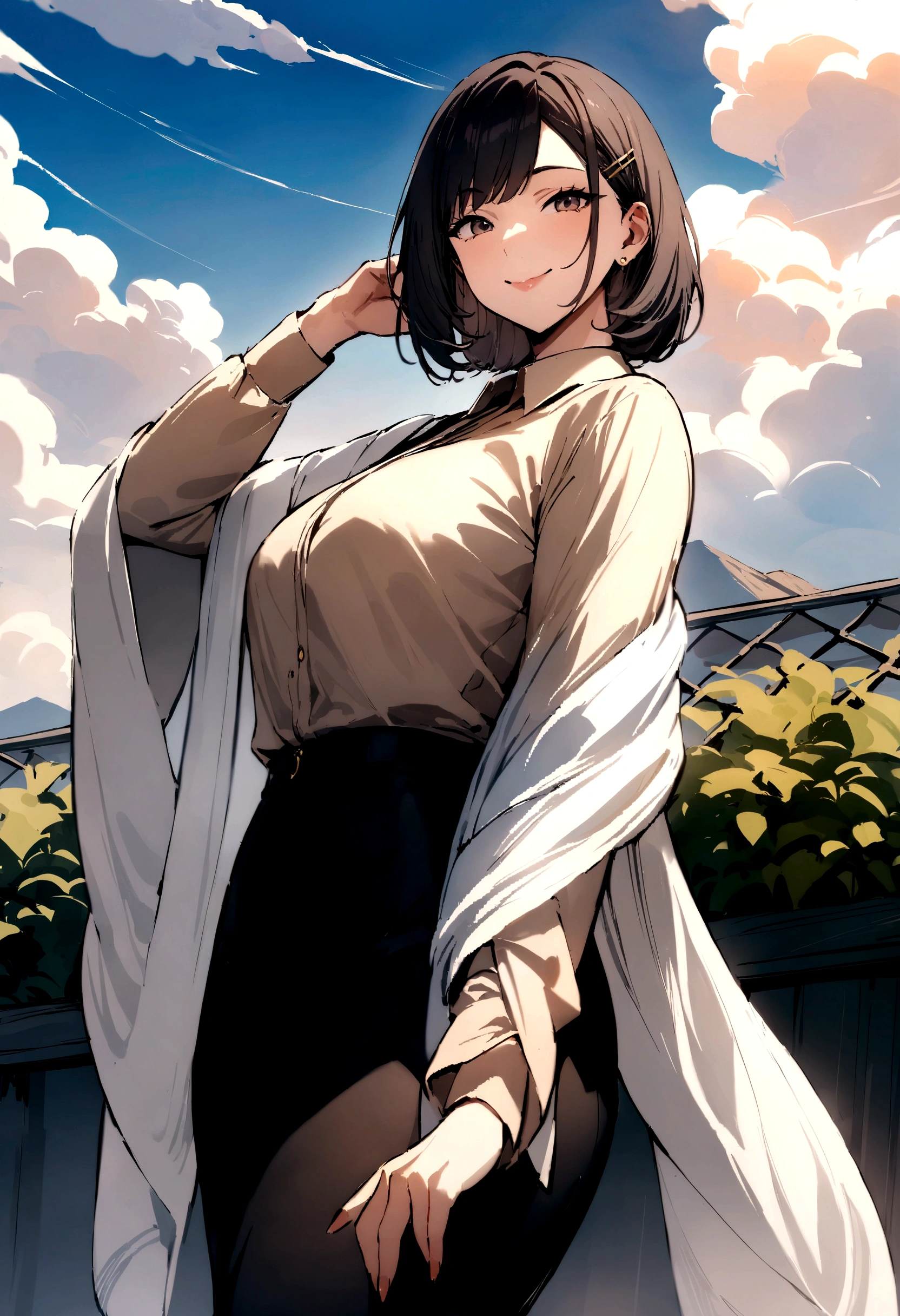 masterpiece, best quality, shawl, Hairpin,shirt,skirt, Sky, cloud, outdoor, Smile, Atmospheric perspective,Fashion pose,Mature and elegant elder sister,only one person