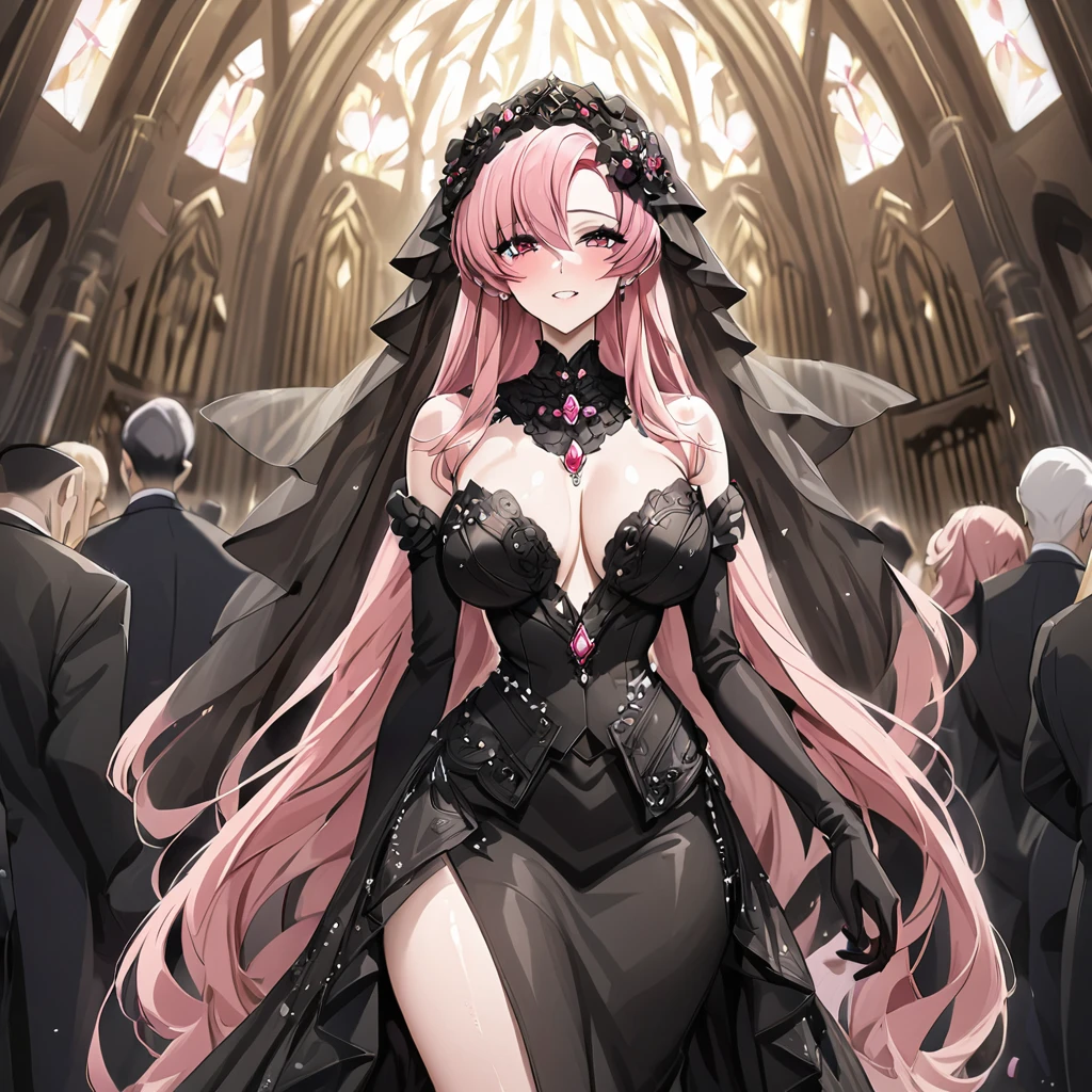 ((Highest quality)), ((masterpiece)), (detailed), （Perfect Face）、The woman is Lacus Clyne, with medium-long pink hair, and is wearing a gorgeous, jeweled, sexy, and  black wedding dress, a gorgeous black wedding veil, and gorgeous jeweled accessories in a gorgeous evil bridal outfit.、In a luxurious church wedding hall, a woman is getting married, embracing the arm of a dignified and powerful middle-aged evil emperor dressed in a luxurious black outfit.、The woman has long hair