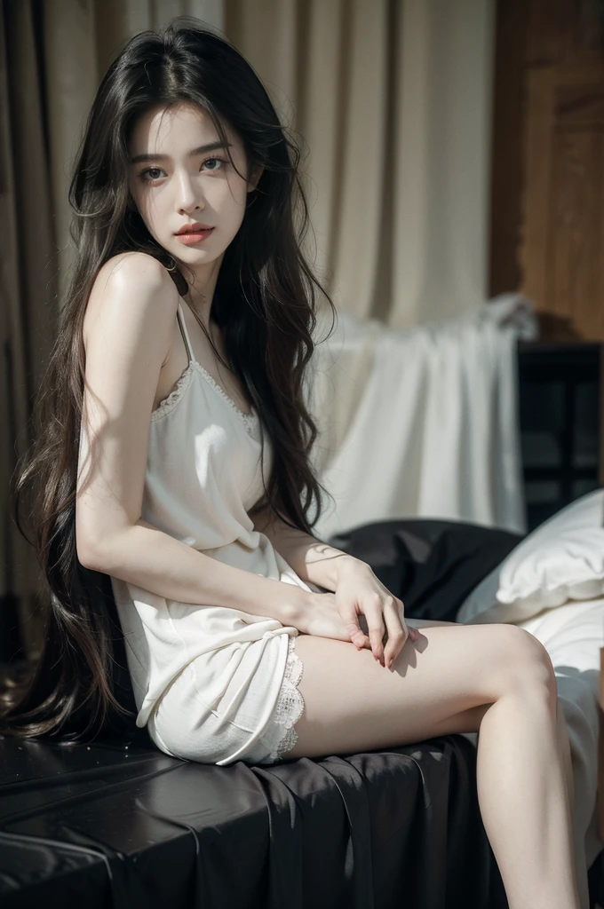(((best quality))), (((ultra detailed))), (((masterpiece))), illustration,a beautiful girl,solo,slim,thin,messy hair,shoulder length straight bob hair,Dark Circles,Eyes bloodshot,(sad expression:1.3),flat chest,sitting on the bed,in a bedroom,halter lace nightgown, deep in thought, dimly lit room, soft glow of a digital clock, dark curtains, seclusion and introspection, disheveled hair, shadowed eyes, sleeplessness, delicate features, fragile beauty, pale skin, rouge on cheeks, heavy atmosphere, silence, soft hum of a refrigerator, woman's expression of deep contemplation, searching eyes, capturing the essence of struggle, vulnerability,(dark night scene:1.3),spread legs apart,arms behind back