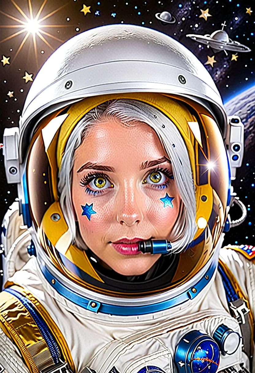 (A better quality masterpiece in close-up:1.5)0.9], (space and astronaut:1.2) (messy silver hair:1.1) (yellow eyes with heterochromia and blue eyes:1.2) (space helmet:1.0) (colored stars in the eyes:1.0) (radiant light:1.1) (big lips:0.9)