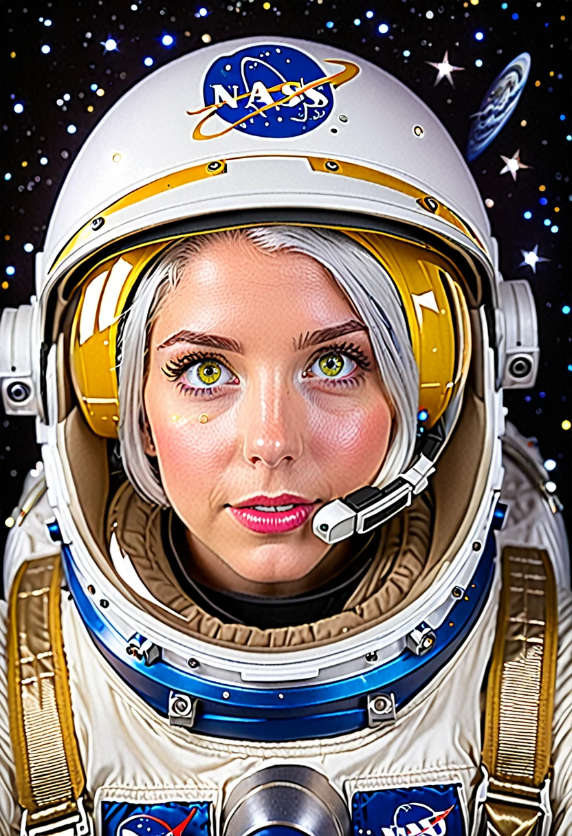 (A better quality masterpiece in close-up:1.5)0.9], (space and astronaut:1.2) (messy silver hair:1.1) (yellow eyes with heterochromia and blue eyes:1.2) (space helmet:1.0) (colored stars in the eyes:1.0) (radiant light:1.1) (big lips:0.9)