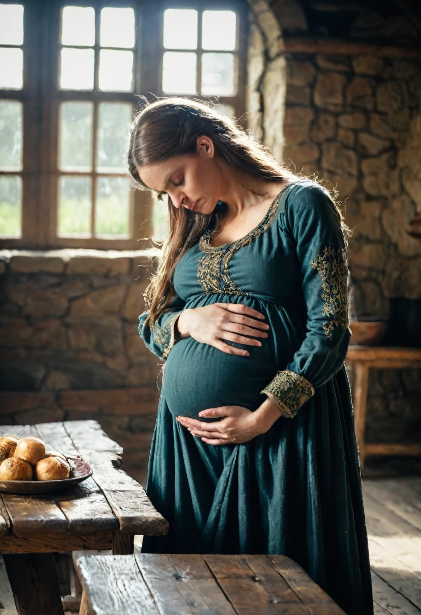 1 woman, pregnant, wearing medieval rustic clothing, leaning on table, holding stomach, expression of pain, water broken