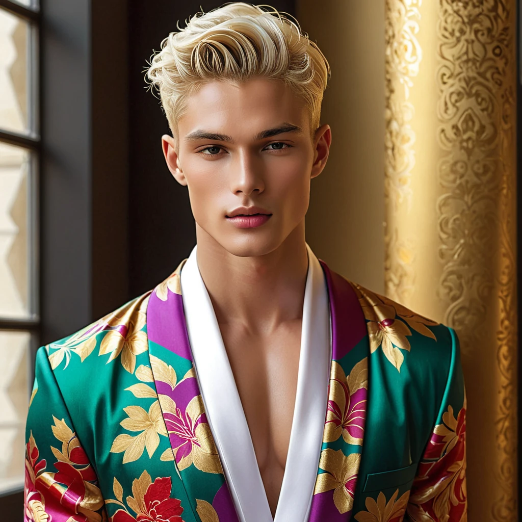 Candid Vogue fashion editorial photo of 2man, featuring a mixed male supermodel, aged 23 angel face like with an attractive and charming presence, short platinum blonde hair in an undercut hairstyle, masculine appearance with slender physique, small pectorals, symmetric face, natural olive skin tone exudes youthfulness and athleticism, he is very photogenic man, Position him against an ornate dark background featuring a framed floral painting to add depth and richness to the scene, (He wears an open luxurious white and rainbow patterned suit whit short pants), revealing a hint of his semi hard bulge, His expression is serene and slightly introspective, with a soft, confident gaze directed slightly off-camera, Utilize natural soft lighting streaming in from a window, casting gentle highlights and shadows that accentuate the contours of his face and the texture of his robe, The light creates a warm intimate atmosphere with a golden tone that enhances his skin and the robe, The interplay of light and shadow adds depth and dimension to the scene, slightly blurred focus background, bringing him into sharp clear detail while the rich tones of the background enhance the overall opulence of the image. Capture full-body short, dynamic angle, using a Canon EOS R7 and Sigma AF 85mm F1.4 EX DG HSM lens by Thomas Synnamon, Employ a shallow depth of field to focus closely on his face and body while softly blurring the background, Draw inspiration from high-fashion photographer, emphasize detail, texture and a sophisticated luxurious atmosphere, Emphasize the golden warm lighting and its effect on enhancing his features and the robe's rich textures, creating a visually captivating and elegant portrait that exudes warmth and sophistication, The overall mood blend the classical elegance of the modern, high-fashion aesthetic, producing an image that feels both timeless and contemporary, raw photo, masterpiece, best quality, Correct body structure, Correct photo distance, LGBTQ,