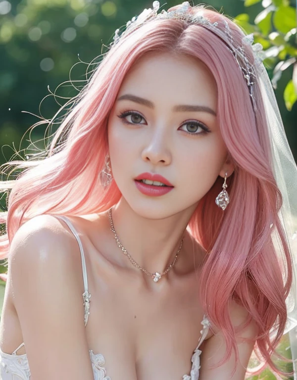 1 girl, Korean model, extremely beautiful, perfect body. Photo taken with Canon EOS R5 85mm f/11 Camera, ((sharp)) mode of people and surrounding scenery. Image quality ((8K)), ((lifelike)), ((masterpiece)), ((sharp and highest contrast)), ((great depth of field)), ((light stereolithography)). ((Pink hair)), long and smooth, the wind blows it beautifully under the bright sunlight. Beautiful face, perfect and sexy, holy, perfectly balanced, ((beautiful in every detail)), ((shiny)), ((high-end cosmetic makeup)), ((shiny bright, radiant)). Bright smile, pure white teeth and details. Seductive glossy red lips, ((brilliant glossy red lipstick)). The eyes are brown, glossy, seductive, ((sharp makeup)), realistic, ((wet eyes)) and detailed. Pink eyeshadow, long eyelashes, blush, high-end cosmetics. Two delicate eyelids, perfectly beautiful and detailed, black eyelashes. Eyebrows are curved, sparse, sharp and detailed. High and detailed nose. Cheeks are prominent and detailed. ((Ivory white, bright white skin)), detailed pores, ((shiny skin)), smooth, rosy, flawless skin texture. Long, shiny legs. Beautiful, perfect hands, ((no flaws)). ((Light shines directly on the face)), bright sunlight, ((shines light on the front part of the girl's body)).
((Green dragon armor, large flower decoration on the head, Micro Bikini, beautiful crown made of precious stones, intricate and gorgeous hair ornaments, beautiful forest background, portrait, global illumination, Raw skin exposed in cleavage, Metal, veils, bracelets with stones are beautiful)).