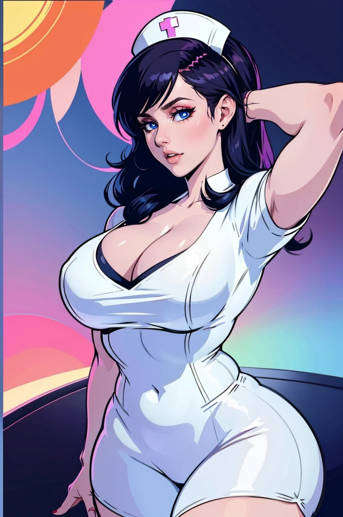 pretty women portrait 1980s movie poster style, vector-art, upper body, white nurse uniform, cleavage, pin up style, sexy, realistic, seductive pose,