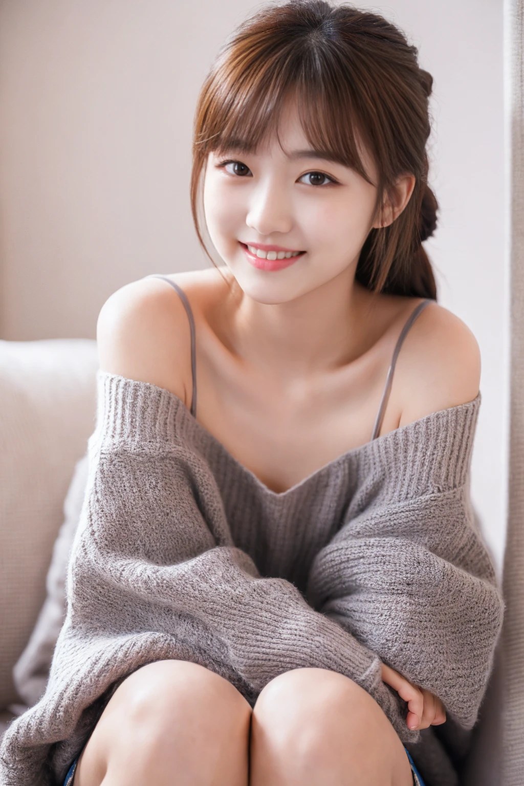(masterpiece, best quality:1.2), (highres, abstract:1.1), ultra detail, 1girl, cute pose, camisole, off shoulder, parted lips, smile, blush, full length shot