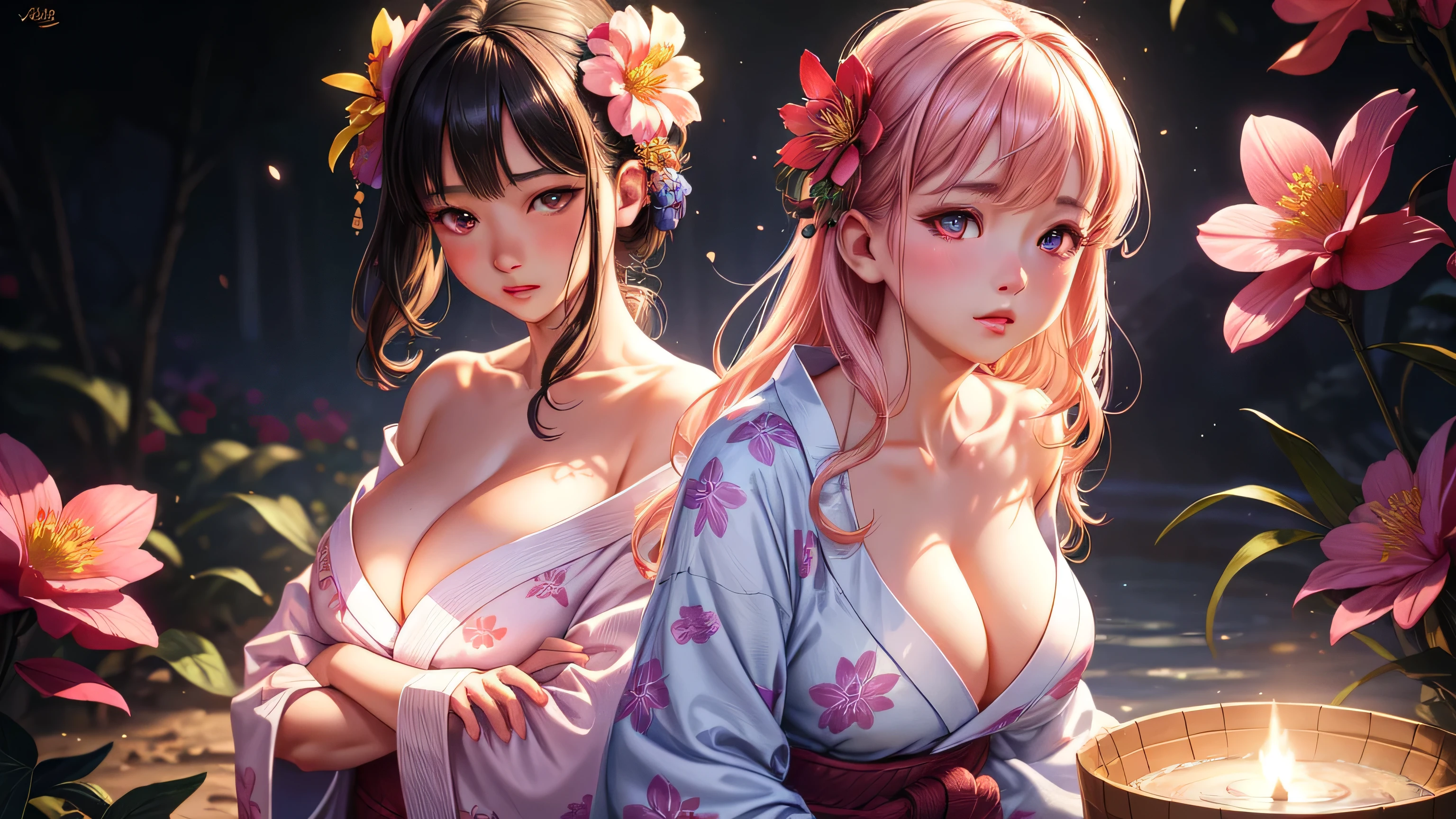 realistic, 1girl, full body, glowing eyes, unbuttoned flower yukata, parted lips, big breast, blush, night, flowers, moonlight, hyper-detailed, high quality, 8k, photorealistic, professional digital painting, dramatic lighting, vibrant colors, intricate details, beautiful face, naughty pose, serene atmosphere, natural environment, ethereal, dreamy