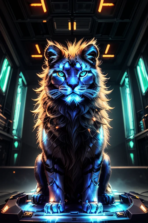a cyberpunk lion, futuristic cyborg lion, mechanical cat, metal cat, robotic feline, intricate machinery, glowing eyes, neon lights, , dark moody atmosphere, dynamic composition, cinematic lighting, vibrant colors, digital art, 8k, high quality, masterpiece, photorealistic