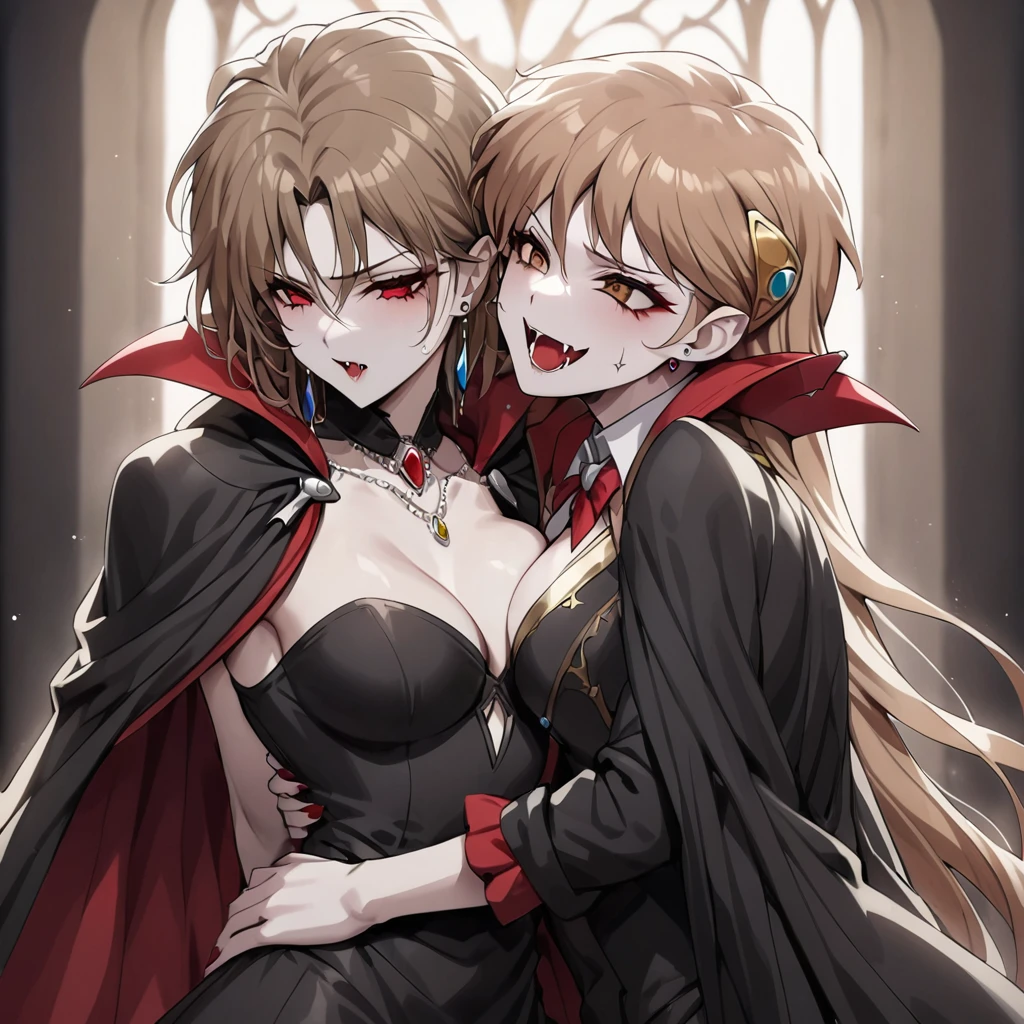 ((Highest quality)), ((masterpiece)), (detailed), （Perfect Face）、The woman is Princess Leona, a vampire and Countess of Dracula, with medium-long light brown hair, a gorgeous jeweled black dress and a vampire cloak, and is embracing Count Dracula.