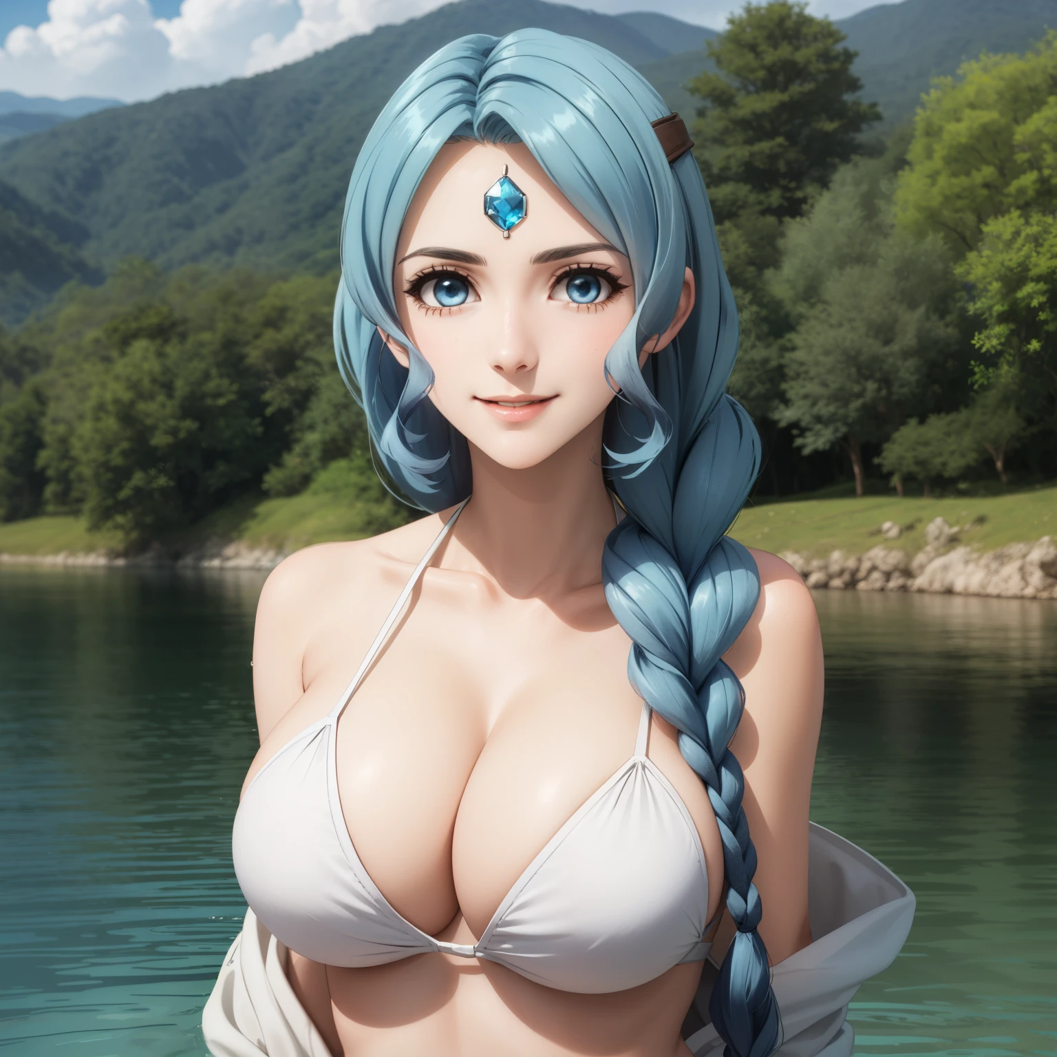 Therese Alexanderite, 25 year old woman, braided light blue hair, a jewel on his forehead, blue eyes, big breasts,  SMILE, white bikini, in a lake. gota de agua en su pecho, 