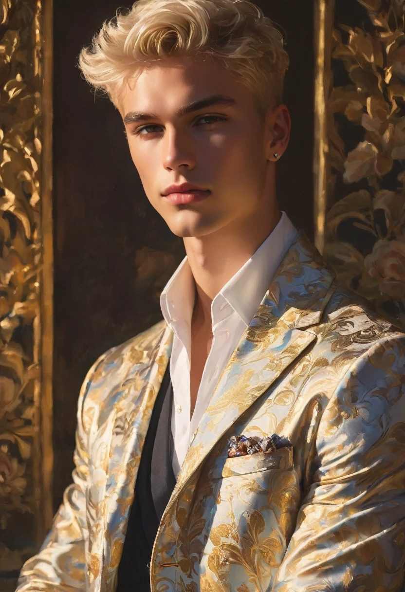 Candid Vogue fashion editorial photo of 2man, featuring a mixed male supermodel, aged 23 angel face like with an attractive and charming presence, short platinum blonde hair in an undercut hairstyle, masculine appearance with slender physique, small pectorals, symmetric face, natural olive skin tone exudes youthfulness and athleticism, he is very photogenic man, Position him against an ornate dark background featuring a framed floral painting to add depth and richness to the scene, (He wears an open luxurious white and rainbow patterned suit whit short pants), revealing a hint of his semi hard bulge, His expression is serene and slightly introspective, with a soft, confident gaze directed slightly off-camera, Utilize natural soft lighting streaming in from a window, casting gentle highlights and shadows that accentuate the contours of his face and the texture of his robe, The light creates a warm intimate atmosphere with a golden tone that enhances his skin and the robe, The interplay of light and shadow adds depth and dimension to the scene, slightly blurred focus background, bringing him into sharp clear detail while the rich tones of the background enhance the overall opulence of the image. Capture full-body short, dynamic angle, using a Canon EOS R7 and Sigma AF 85mm F1.4 EX DG HSM lens by Thomas Synnamon, Employ a shallow depth of field to focus closely on his face and body while softly blurring the background, Draw inspiration from high-fashion photographer, emphasize detail, texture and a sophisticated luxurious atmosphere, Emphasize the golden warm lighting and its effect on enhancing his features and the robe's rich textures, creating a visually captivating and elegant portrait that exudes warmth and sophistication, The overall mood blend the classical elegance of the modern, high-fashion aesthetic, producing an image that feels both timeless and contemporary, raw photo, masterpiece, best quality, Correct body structure, Correct photo distance, LGBTQ,