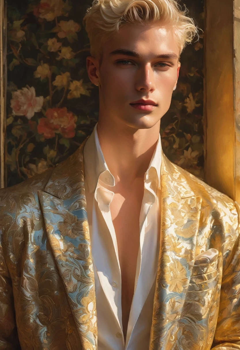 Candid Vogue fashion editorial photo of 2man, featuring a mixed male supermodel, aged 23 angel face like with an attractive and charming presence, short platinum blonde hair in an undercut hairstyle, masculine appearance with slender physique, small pectorals, symmetric face, natural olive skin tone exudes youthfulness and athleticism, he is very photogenic man, Position him against an ornate dark background featuring a framed floral painting to add depth and richness to the scene, (He wears an open luxurious white and rainbow patterned suit whit short pants), revealing a hint of his semi hard bulge, His expression is serene and slightly introspective, with a soft, confident gaze directed slightly off-camera, Utilize natural soft lighting streaming in from a window, casting gentle highlights and shadows that accentuate the contours of his face and the texture of his robe, The light creates a warm intimate atmosphere with a golden tone that enhances his skin and the robe, The interplay of light and shadow adds depth and dimension to the scene, slightly blurred focus background, bringing him into sharp clear detail while the rich tones of the background enhance the overall opulence of the image. Capture full-body short, dynamic angle, using a Canon EOS R7 and Sigma AF 85mm F1.4 EX DG HSM lens by Thomas Synnamon, Employ a shallow depth of field to focus closely on his face and body while softly blurring the background, Draw inspiration from high-fashion photographer, emphasize detail, texture and a sophisticated luxurious atmosphere, Emphasize the golden warm lighting and its effect on enhancing his features and the robe's rich textures, creating a visually captivating and elegant portrait that exudes warmth and sophistication, The overall mood blend the classical elegance of the modern, high-fashion aesthetic, producing an image that feels both timeless and contemporary, raw photo, masterpiece, best quality, Correct body structure, Correct photo distance, LGBTQ,