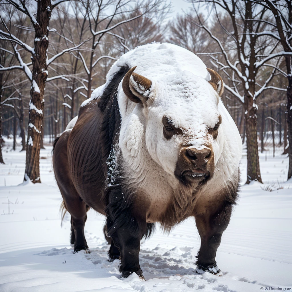 A buffalo with thick, long fur is walking through the snow, its entire body covered in frost. It looks surreal and mysterious.
