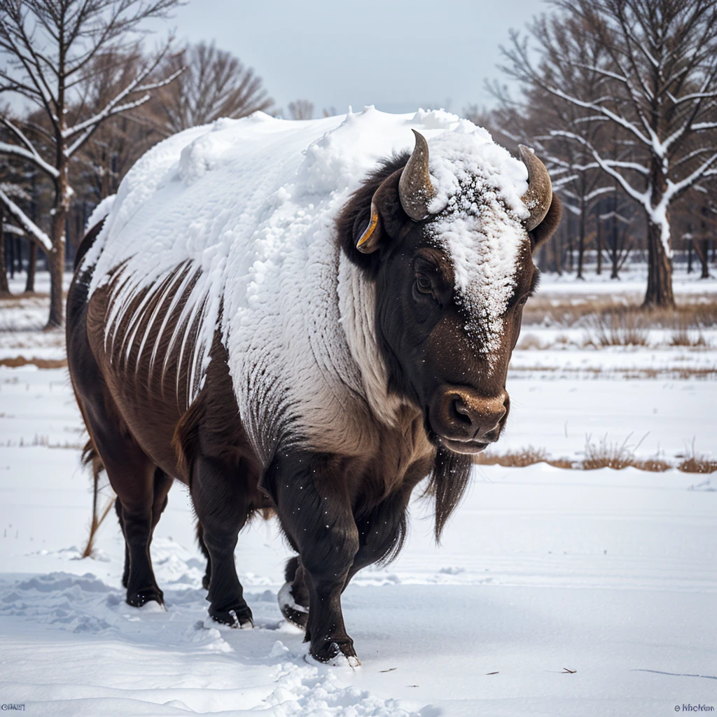 A buffalo with thick, long fur is walking through the snow, its entire body covered in frost. It looks surreal and mysterious.