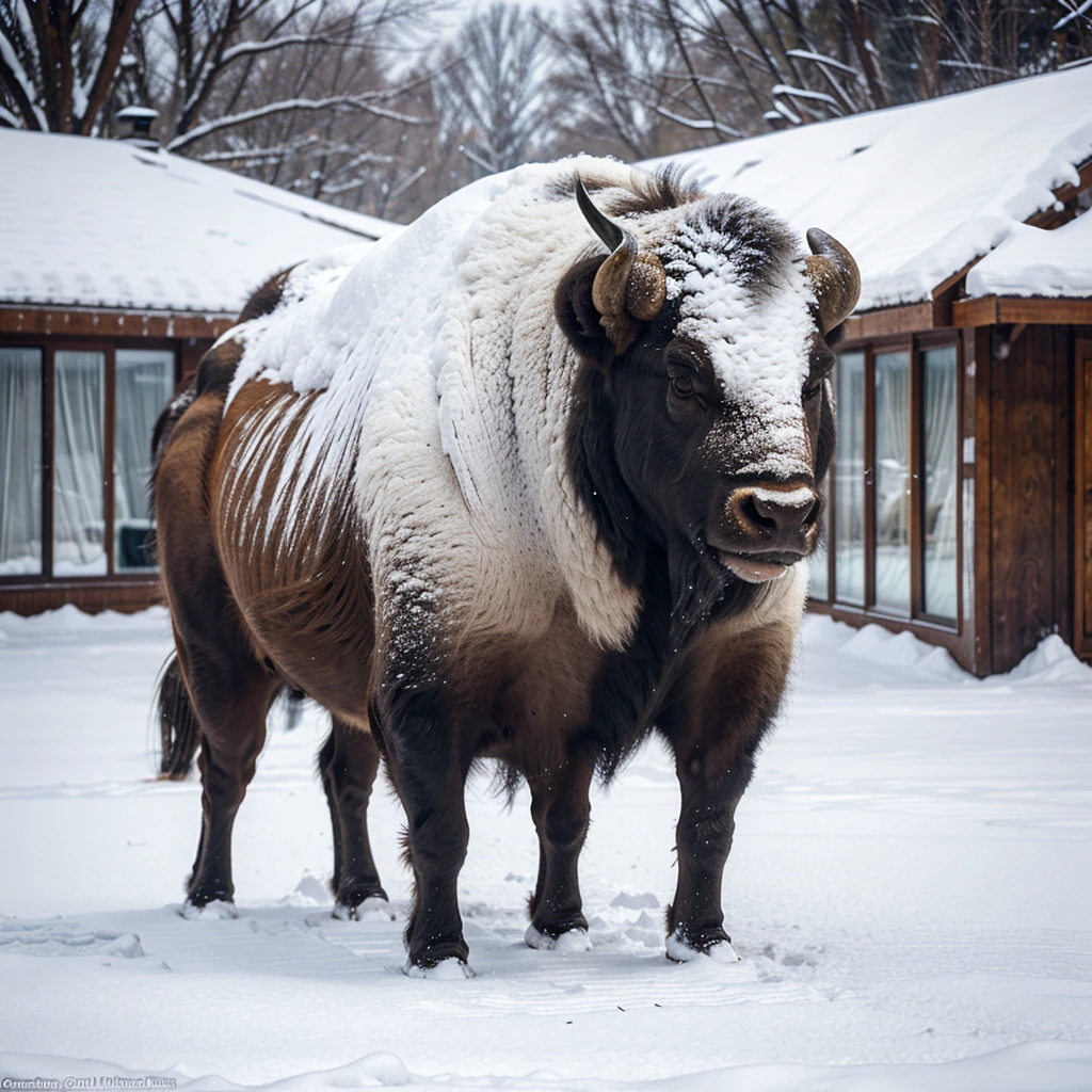 A buffalo with thick, long fur is walking through the snow, its entire body covered in frost. It looks surreal and mysterious.