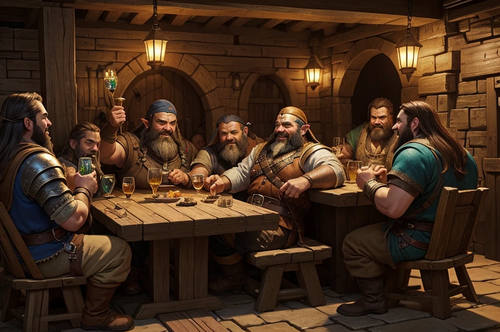 a group of dwarves partying in a tavern (digital art, fantasy art, RPG art)