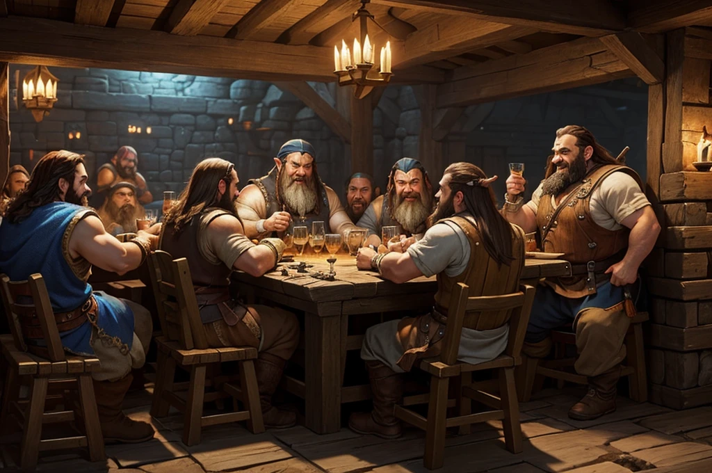 a group of dwarves partying in a tavern (digital art, fantasy art, RPG art)