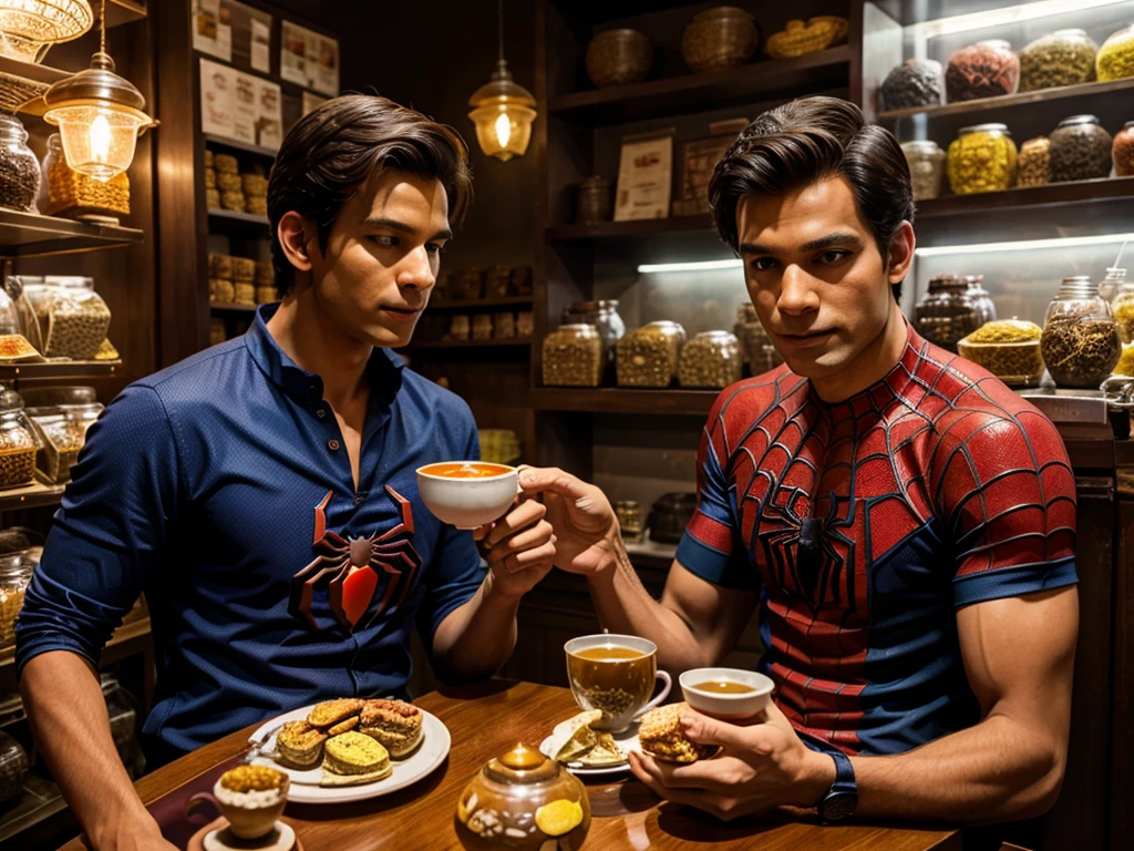 Spider-man eating tea and snacks in local India tea shop
