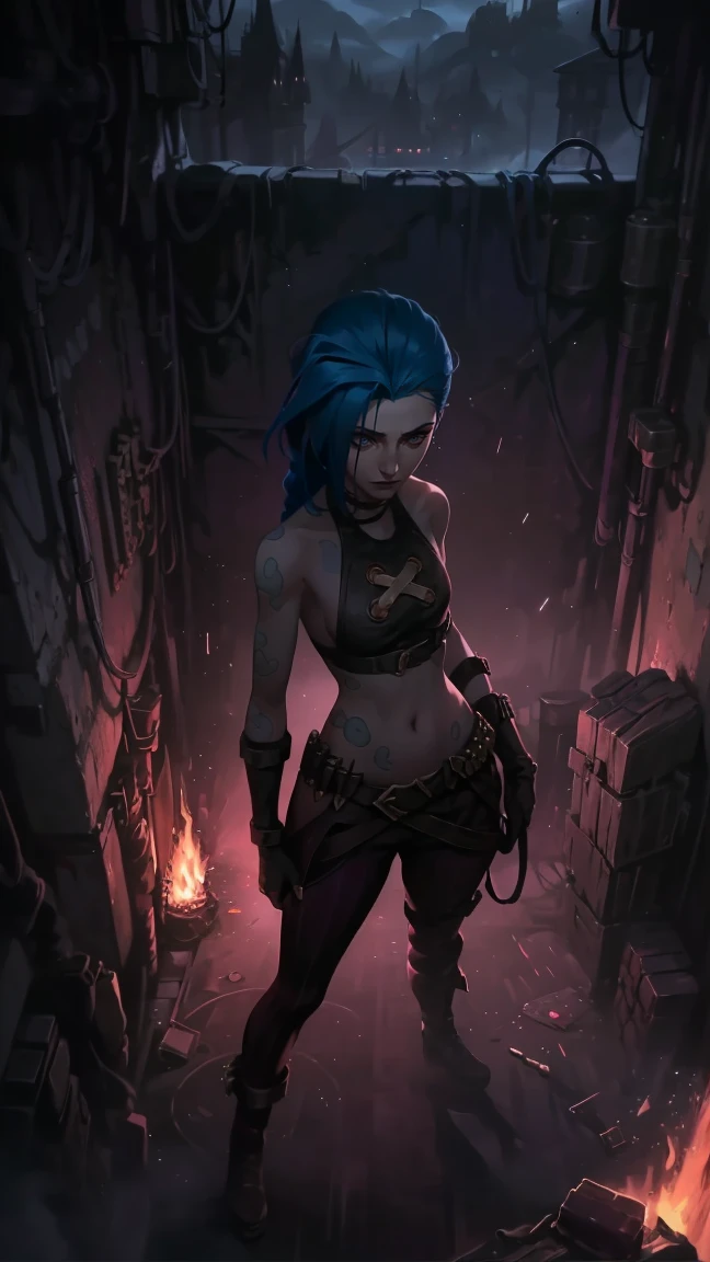 very sexy, crazy look, длинные синие hair заплетены в косы, full length (full body 1.1.), tight leather pants, Jinx's character design, stands on the edge of the roof, fantasy city, night, explosions, fire, Sparks, Purple Flashes, beautiful figure, Arcane Curse, Bright blue and purple Sparks all around, burning eyes, Pink Shiny eyes, длинные hair, hair, braided in long braids, Pigtails hang below the knee, Hair color changes from bright blue to navy blue., leather boots on the feet, Top with four gold circles on the chest in the middle of the chest., Blue cloud tattoo on shoulders and waist., long bangs, hanging on the right side, чрезвычайно подробные обои CG Unity 8k, detailed light, Cinematic lighting, Chromatic aberration, sparkling, inexpressive, epic composition, dark in the background, Chereter Design, very detailed, detailed body, Vibrating, detailed face, sharp focus, anime art, Vibrating, detailed face, Hugh Details, sharp focus, Detailed eye, Super lovely illustration, best shadow, finely detail, beautiful detailed glow, beautiful detailed, extremely detailed, inexpressive, epic composition,