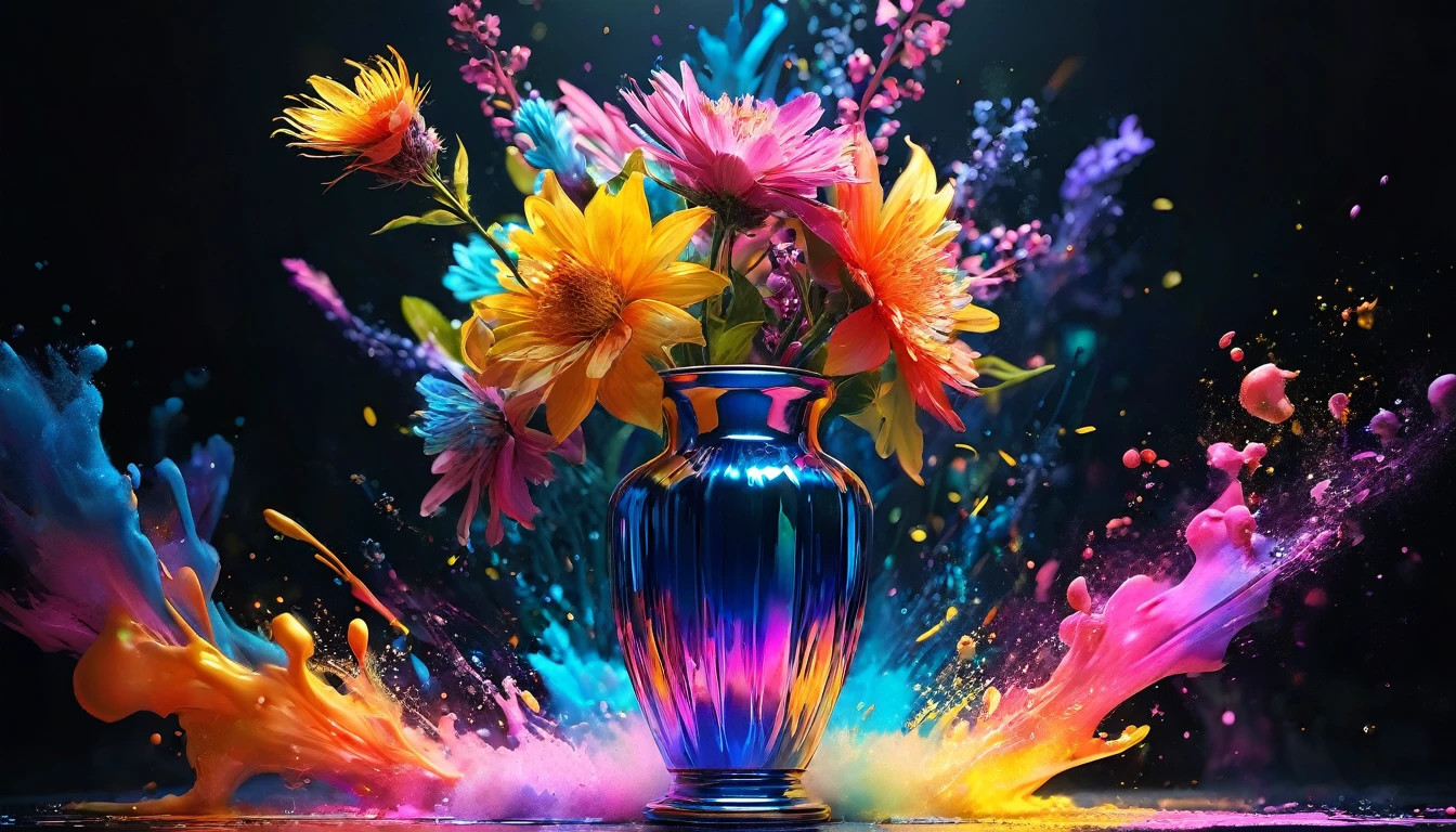Create a stunning 3D illustration with a crystal vase at the center, surrounded by an explosive burst of fine watercolor powder. Each particle in the burst should glow with a metallic sheen. The dynamic spread of colors against a solid black backdrop should create a striking contrast, highlighting the crystal vase and emphasizing the brilliance of the metallic elements.
