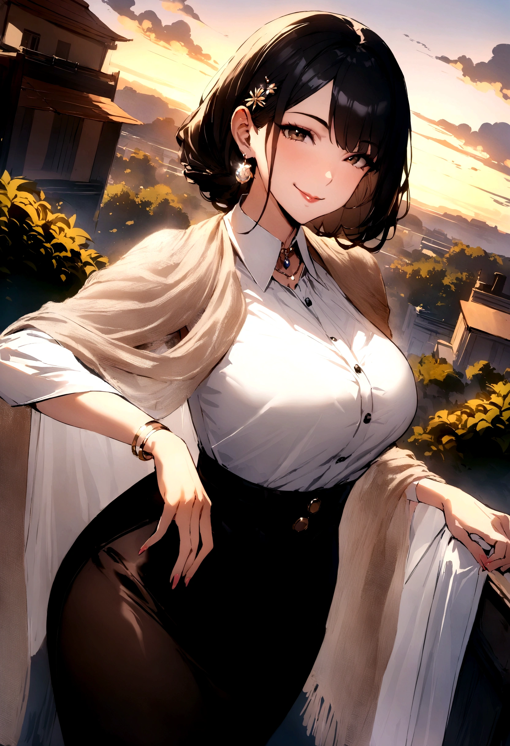 masterpiece,Black hair，jewelry， best quality, shawl, Hairpin,shirt,skirt, Sky, cloud, outdoor, Smile, Atmospheric perspective,Fashion pose，Mature and elegant elder sister，only one person