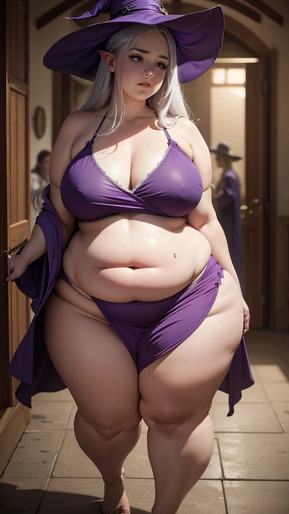 elf, young, witch, silver hair, red eyes, pale skin, tired expression, purple robes, sleeveless robes, witch hat, morbidly obese, extremely obese, fat arms, flabby arms, fat legs, fat face, fat belly, overhanging belly, flabby cheeks, quadruple chin, wide , huge belly, sweaty, slob, trouble waddling,  arms,  legs,  belly, full body, standing front view
